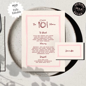 MENU + Modelo de CARTÃO DE LUGAR | Rabisco simples desenhado à mão e manuscrito ilustrado Menu de casamento caprichoso | Digital retrô para impressão | 0038