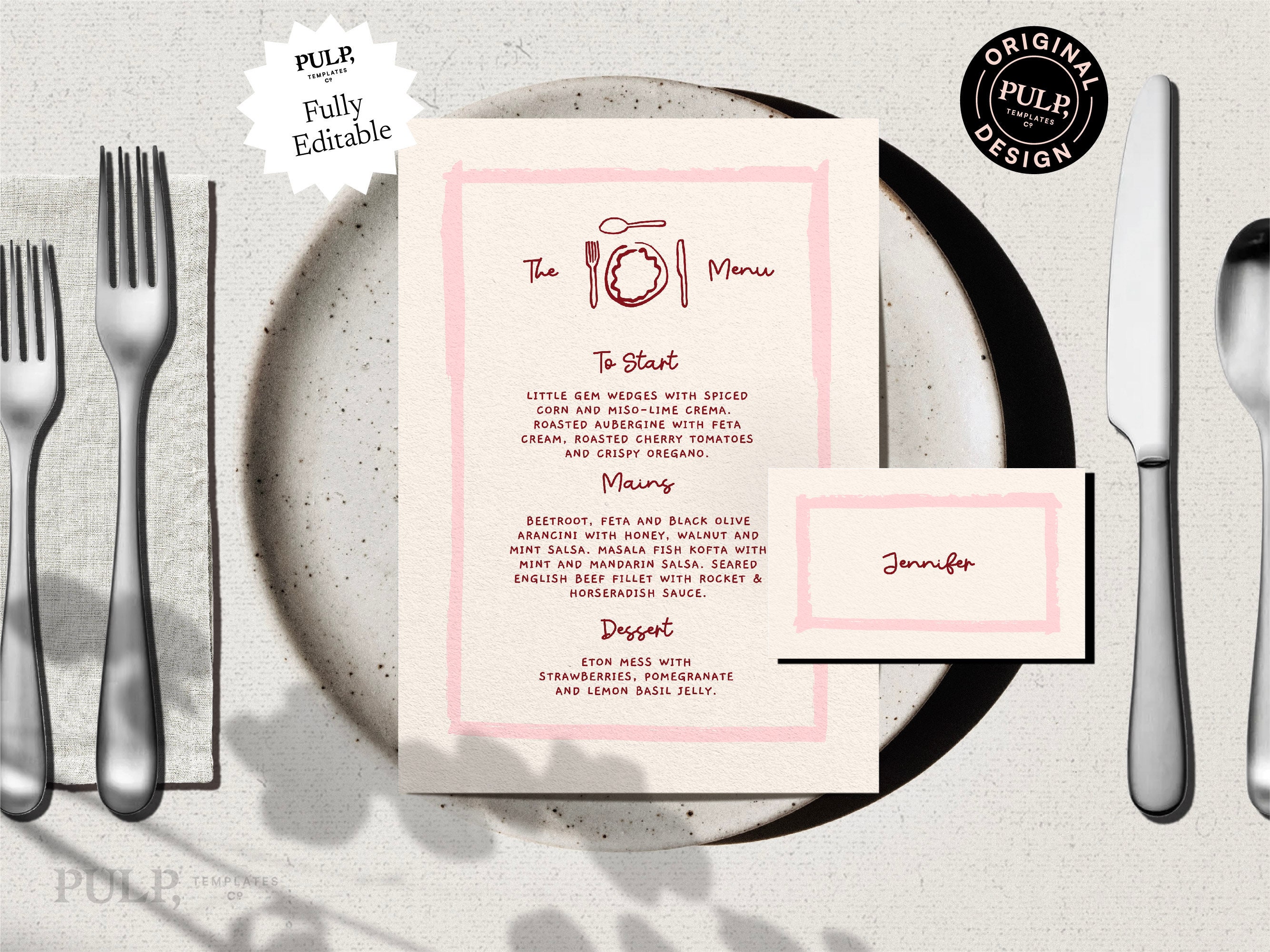 MENU + PLACE CARD Template |  Hand drawn & Handwritten simple scribble illustrated Whimsical Wedding Menu | Retro  Printable Digital | 0038