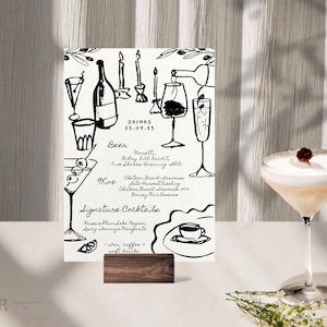 BAR + DRANKENMENU-sjabloon | Handgetekend en handgeschreven krabbel geïllustreerd grillig huwelijksmenu | Funky afdrukbare digitale | 0054