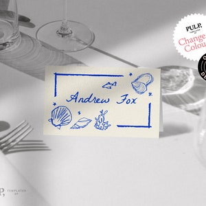 TAFEL PLAATS KAARTEN | grillige strandreceptie couvert | blauwe oceaan naam couvert | handgeschreven hand getekend | etentje | 0024