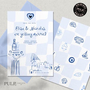 Modello di invito SAVE THE DATE / matrimonio in Grecia / scritto a mano e disegnato a mano / matrimonio all'estero / illustrazione divertente e unica / 0050 Tiles