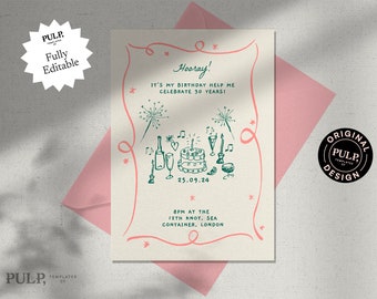 BIRTHDAY INVITE TEMPLATE | 18th 21st 30th 40th 50th birthday | handwritten hand drawn whimsical invitation | quirky, unique party | 0030