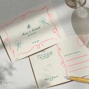 Plantilla de POSTAL DE GRACIAS / extravagantes ilustraciones dibujadas a mano y nota de agradecimiento de boda manuscrita / descarga imprimible / 0030