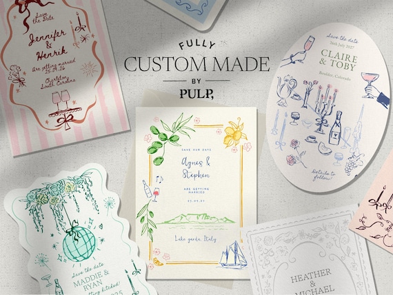 Full Custom Save The Date Invitation | Hand drawn illustrations, die cut, foil or letter press optional | Digital Template