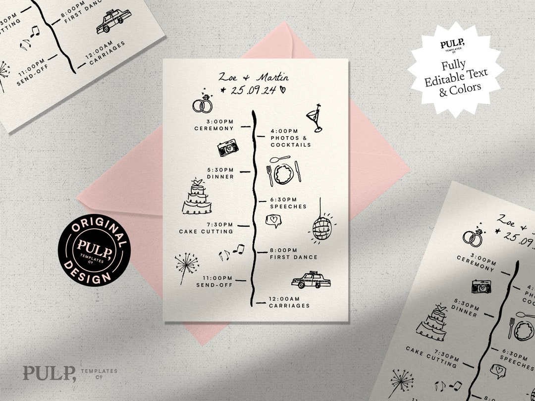 WEDDING TIMELINE CARD Template | Order of Events | Day Details | Funky ...