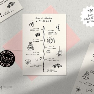 HOCHZEIT TIMELINE KARTE Vorlage | Reihenfolge der Ereignisse | Tag Details | funky handgezeichnete illustrierte Symbole | bearbeitbar printable | schwarz | 0024