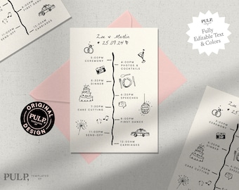 WEDDING TIMELINE CARD template | order of events | day details | funky hand drawn illustrated icons | editable printable | black | 0024