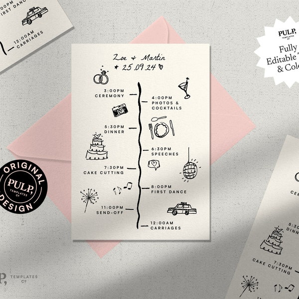 WEDDING TIMELINE CARD template | order of events | day details | funky hand drawn illustrated icons | editable printable | black | 0024
