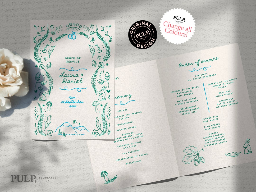 WEDDING CEREMONY PROGRAM Template | Quirky Hand Drawn Mountain Forest ...