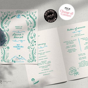 May include: A wedding ceremony order of service with a green and blue color scheme. The front cover features a whimsical illustration of a forest scene with a mountain range, mushrooms, and a rabbit. The text reads "Order of Service" and "Laura & Daniel" with the date "2pm 25 September 2023". The back cover lists the officiant, parents of the bride and groom, wedding party members, and the order of the ceremony.