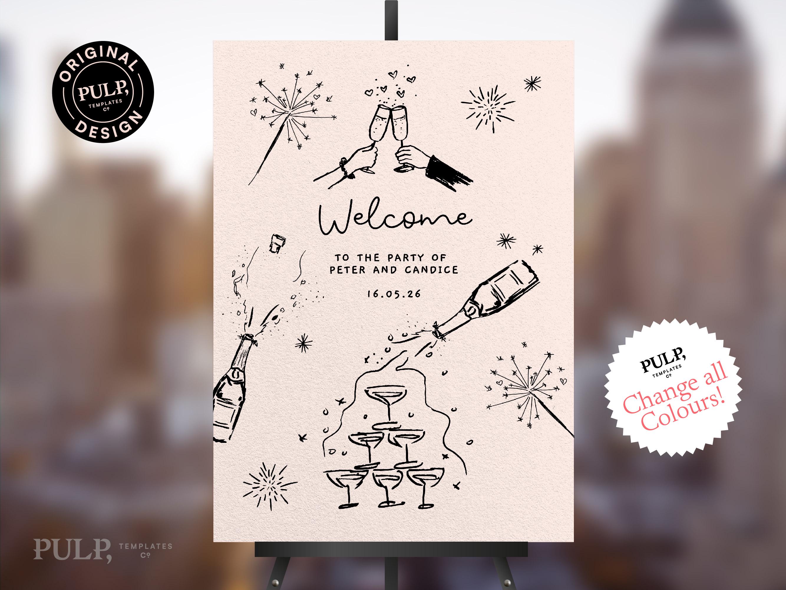 WELCOME SIGN Template | Whimsical, Funky Champagne Tower | Hand Drawn ...