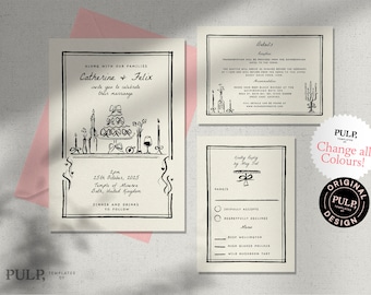 WEDDING INVITATION SET template | hand drawn bows and cake illustrations & handwritten | fun and whimsical  | 0051