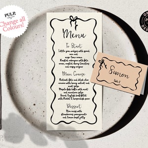 MENU + Modelo de CARTÃO DE LUGAR | Menu de casamento clássico estreito | Laço de fita | ilustrações desenhadas à mão | dl e 3,75 x 9 | 0021