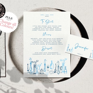 MENÚ + PLANTILLA DE TARJETA DE LUGAR / Dibujado a mano y garabato escrito a mano menú de comida de fiesta de boda caprichoso ilustrado / funky imprimible / 0035