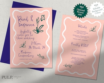 WEDDING INVITATION | Hand Drawn & Handwritten double sided Invite w/ Scallop, Wavy Edge | Digital Template | Retro Floral Illustration |0020