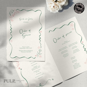Modello di PROGRAMMA per CERIMONIA NUZIALE / Bordo floreale fantasioso, illustrazioni disegnate a mano / Scritto a mano / Ordine del servizio / Stampabile / 0041
