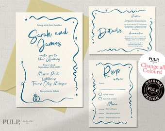 WEDDING INVITATION SET template | hand drawn wavy border scribble illustrations & handwritten | funky, colorful, fun whimsical | 0041