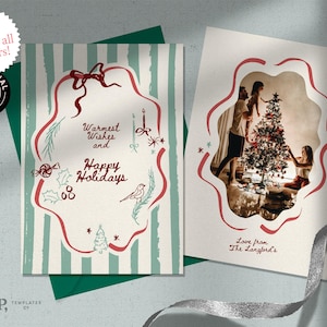 Plantilla de tarjeta navideña con foto / Ilustraciones navideñas retro de invierno, dibujadas a mano / 0058