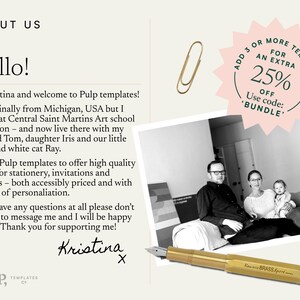K&ouml;nnte beinhalten: Werbung f&uuml;r Papierdesign. Das Bild zeigt ein Familienfoto, einen goldenen Stift, eine B&uuml;roklammer und ein Werbeangebot mit 25 % Rabatt auf Vorlagen.