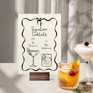 SIGNATURE DRINKS SCHILD Vorlage | Benutzerdefinierte Cocktail | Handgezeichnetes & illustriertes Schleifen-Hochzeitsmenu | Wellenrand | Druckbar | 0021