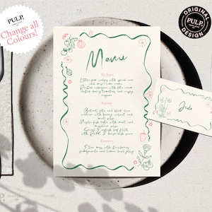 MENÚ + plantilla PLACECARDS / Flor silvestre caprichosa dibujada a mano y escrita a mano, menú de boda funky, borde de cinta garabateado colorido / ondulado / 0041