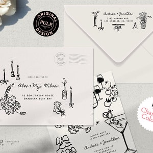 DRUCKBARE UMSCHLAG ADRESSE Vorlage | wunderliche handgezeichnete Illustration | Hochzeit Party einladen | florale Weinhochzeit | 0054