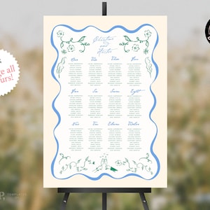 Sjablonen voor zitplaatstabellen | kleurrijk, grillig, funky, met de hand getekend, gekrabbeld geïllustreerd zitschema | handgeschreven | 0046