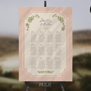 May include: A rectangular wedding seating chart sign in soft peach and cream tones. It features ornate green floral corner accents, the names Mallory & Andrea, the date 20.09.26, and twelve numbered tables with lists of names in black serif font.