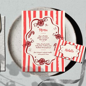 Sjabloon MENU + PLAATS KAART | Feestelijk diner | Handgetekende en handgeschreven doodle snoepriet streep geïllustreerd kerst | 0032