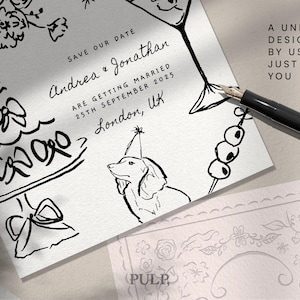 K&ouml;nnte beinhalten: Schwarz-wei&szlig;e Hochzeitskarte mit der Aufschrift "Save Our Date" und den Namen "Andrea & Jonathan". Die Karte zeigt eine Zeichnung eines Hundes mit Partyhut und das Datum "25. September 2025".
