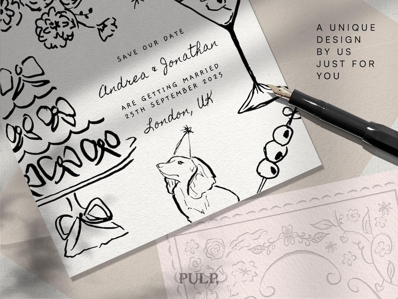 K&ouml;nnte beinhalten: Schwarz-wei&szlig;e Hochzeitskarte mit der Aufschrift "Save Our Date" und den Namen "Andrea & Jonathan". Die Karte zeigt eine Zeichnung eines Hundes mit Partyhut und das Datum "25. September 2025".
