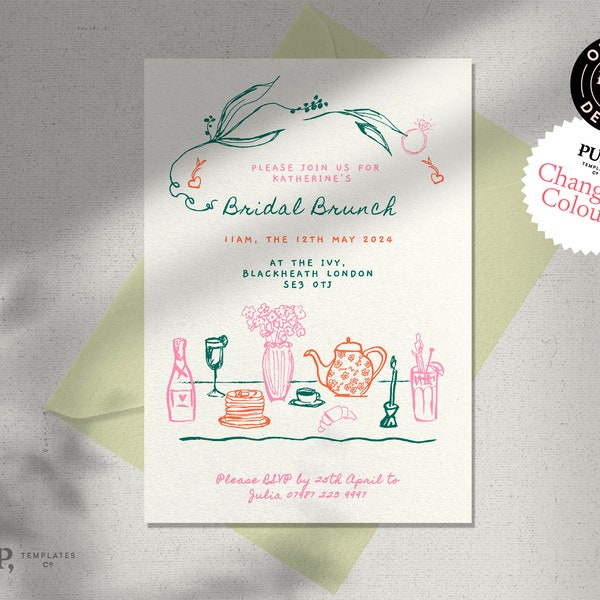 BRIDAL BRUNCH template | wedding shower | whimsical, hand drawn illustrated party invite | handwritten quirky invitation | 0035