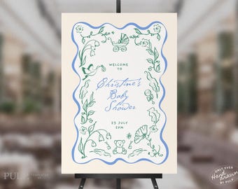 BABY SHOWER welcome sign template | beautiful classic baby shower with hand drawn illustrations. boy, girl, gender neutral | 0046B