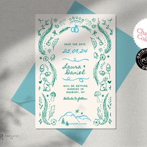 SAVE THE DATE invite template | destination wedding | forest, mountains, nature inspired invite | colorful hand drawn illustrations | 0033