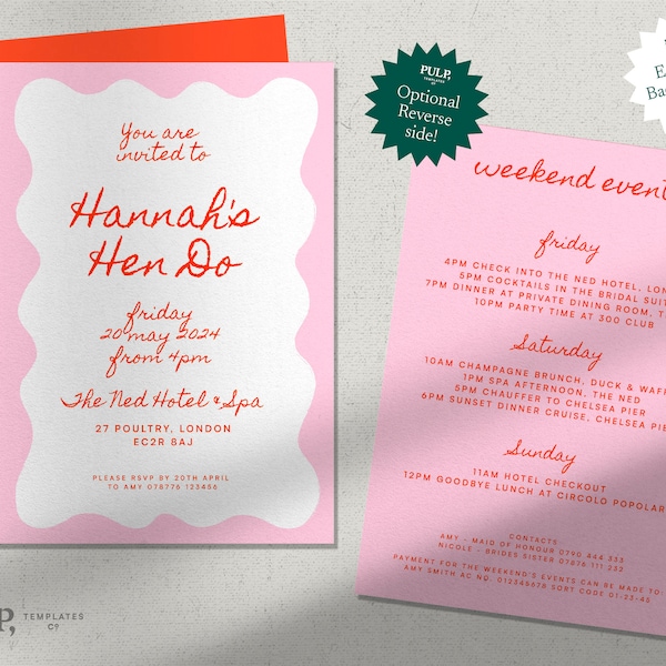 HEN PARTY INVITATION template | weekend itinerary | Hen's weekend | Bachelorette Party | Handwritten Style Retro Scallop Edge download |0014