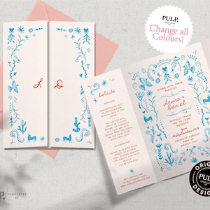 Puede incluir: Un conjunto de invitaciones de boda con un diseño floral azul y blanco. La invitación incluye una línea de tiempo, detalles y un espacio para los nombres de la pareja. El texto de la invitación dice: "Junto con sus familias, Laura y Daniel les invitan con alegría a su boda, 4:00 pm, 22 de septiembre, Proyecto Publico, Prim 50, Ciudad de México."