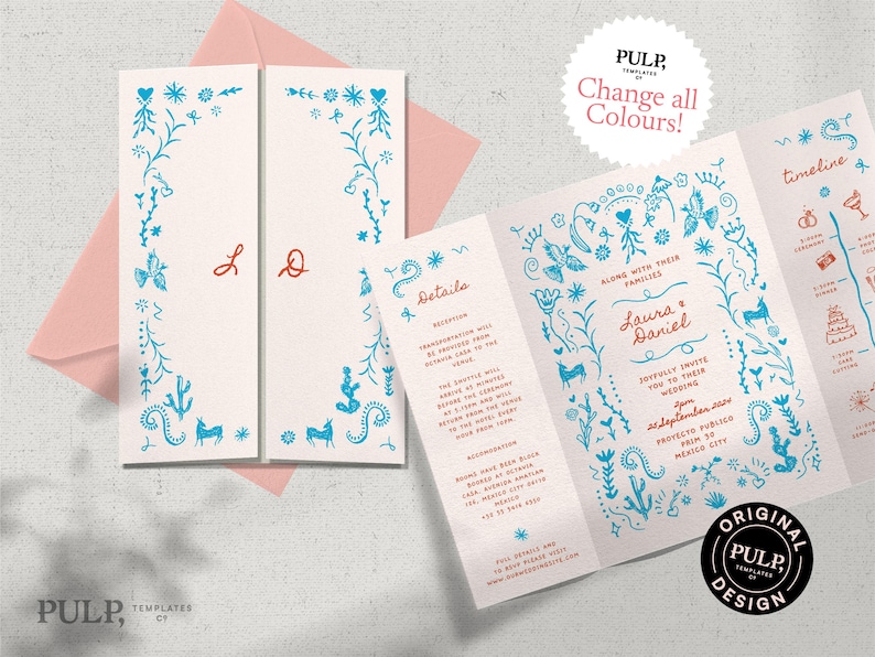 WEDDING INVITATION TEMPLATE | Gate Fold | Hand Drawn Mexican Inspired ...