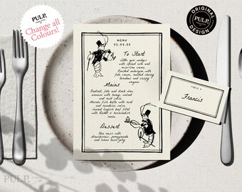 May include: A black and white menu with a lobster illustration and the text "MENU 25.09.26". The menu lists "To Start", "Mains", and "Dessert" options. A black and white table card with the text "TABLE 4 Francis" is also shown.