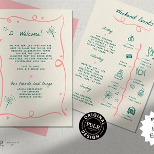 CARTA DE BIENVENIDA DE BODAS + plantilla de línea de tiempo / itinerario / nota de bienvenida / descarga imprimible / eventos de fin de semana / dibujado a mano / 0030