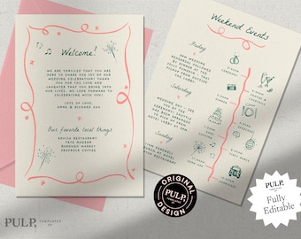 May include: A wedding invitation with a pink and green color scheme. The invitation features a welcome message, a list of local favorites, and a schedule of weekend events. The text includes the names Anna and Richard.