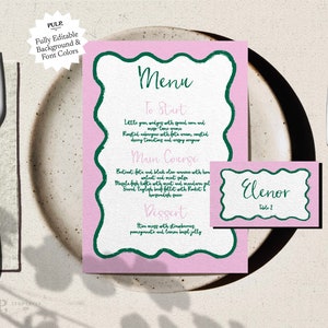 MENÚ + TARJETA DE LUGAR Plantilla / Rosa colorido + vieira retro verde borde ondulado / Fiesta de bodas y tarjeta de presentación / Audaz escrito a mano dibujado a mano / 022