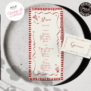MENÚ + Plantilla DE TARJETA DE LUGAR (estrecha) / Cena de ensayo / Fiesta de pizza italiana / Garabato dibujado a mano y escrito a mano ilustrado caprichoso / 0041