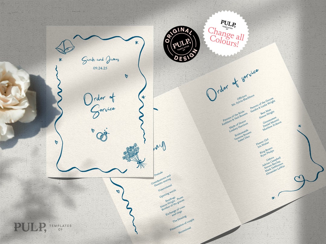 WEDDING CEREMONY PROGRAM Template | Wavy Ribbon Hand Drawn Illustration ...