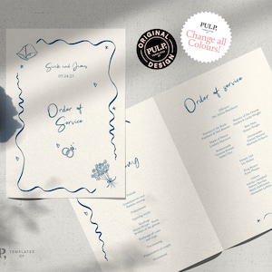 May include: Wedding stationery set with a cream-coloured invitation and order of service. The text is in dark blue, with decorative line drawings of bells, rings, and flowers. The invitation reads "Sink and James" and "Order of Service".