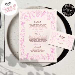 Szablon MENU + KARTY MIEJSCA | Ręcznie rysowane i ręcznie pisane ilustrowane fantazyjne menu weselne | zabawne kolorowe do wydrukowania cyfrowe | 0033 różowy