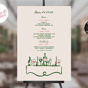 Plantilla de letrero de menú de bar / cartel grande con menú de bebidas para bodas / comida y bebidas dibujadas a mano, original, caprichosa y escrita a mano / 0035 V2