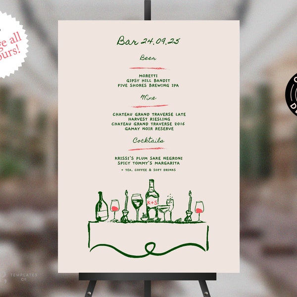 BAR MENU SIGN template | large wedding drinks menu poster board | hand drawn food and drinks, funky, whimsical sign | handwritten | 0035