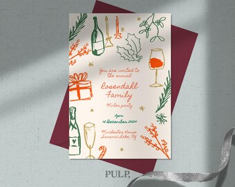 HOLIDAY PARTY INVITE template | hand drawn, whimsical winter Christmas illustrations | 0035