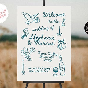 Modèle de PANNEAU DE BIENVENUE | gribouillages fantaisistes et géniaux | signalétique illustrée dessinée à la main | mariage manuscrit | original unique | 0057