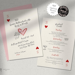 Invitación para despedida de soltera de la Reina de Corazones / Plantilla de itinerario divertido para despedida de soltera / Ilustrada y escrita a mano / Carta de Las Vegas / 0035
